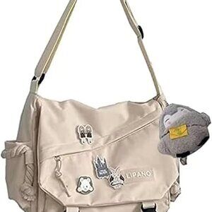 Aesthetic Crossbody Bag with Cute Pins and Ornament, Nylon Shoulder Messenger Ba
